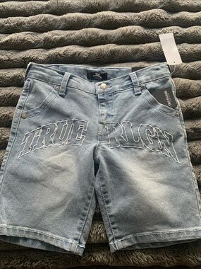 True Religion Light Blue Embroidered Denim Shorts